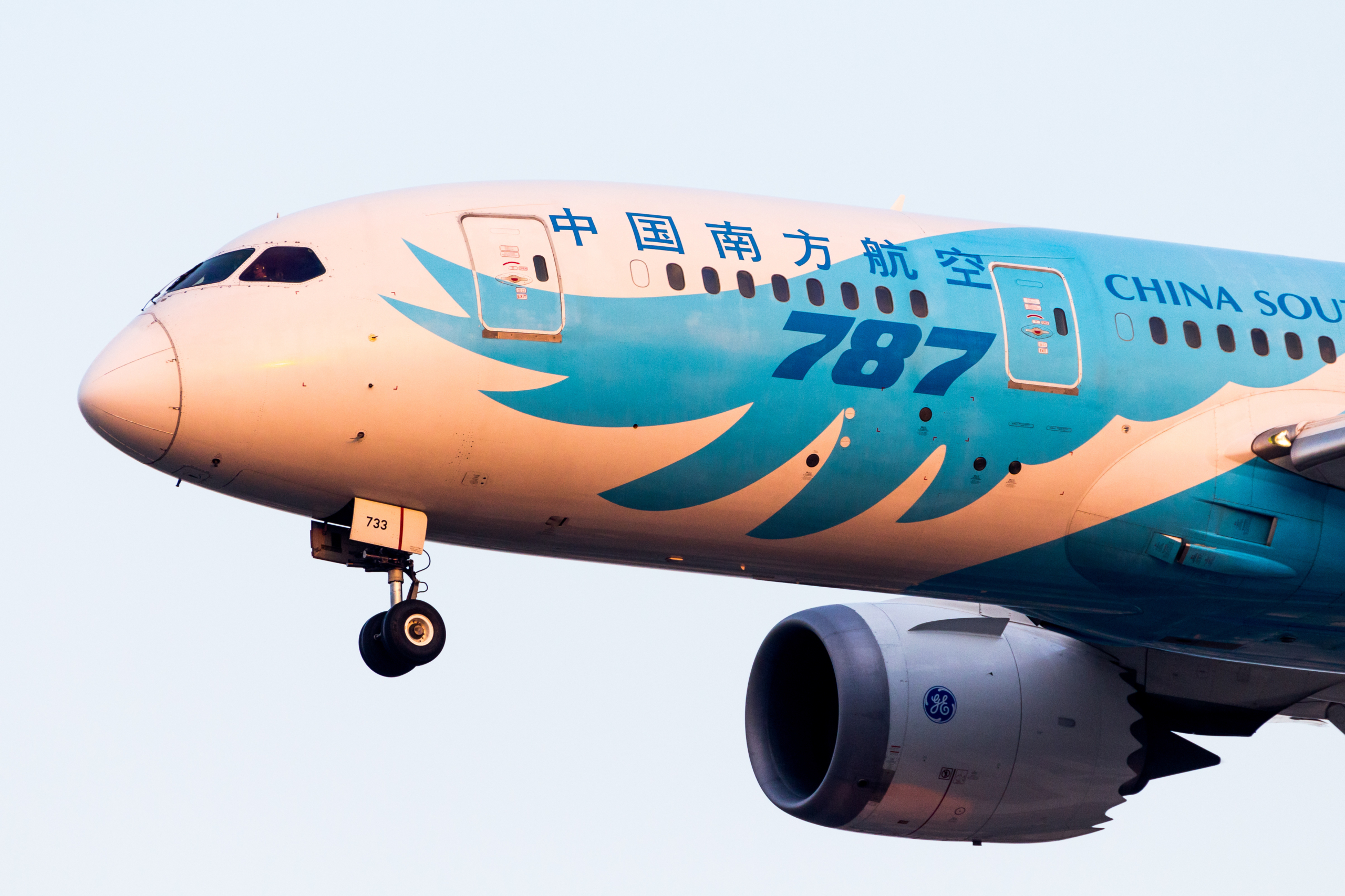 China Southern Boeing 787 landing and pictured in front of the sky.