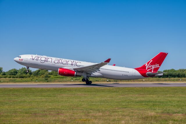 Virgin Atlantic Airbus A330 landing at Manchester Airport.