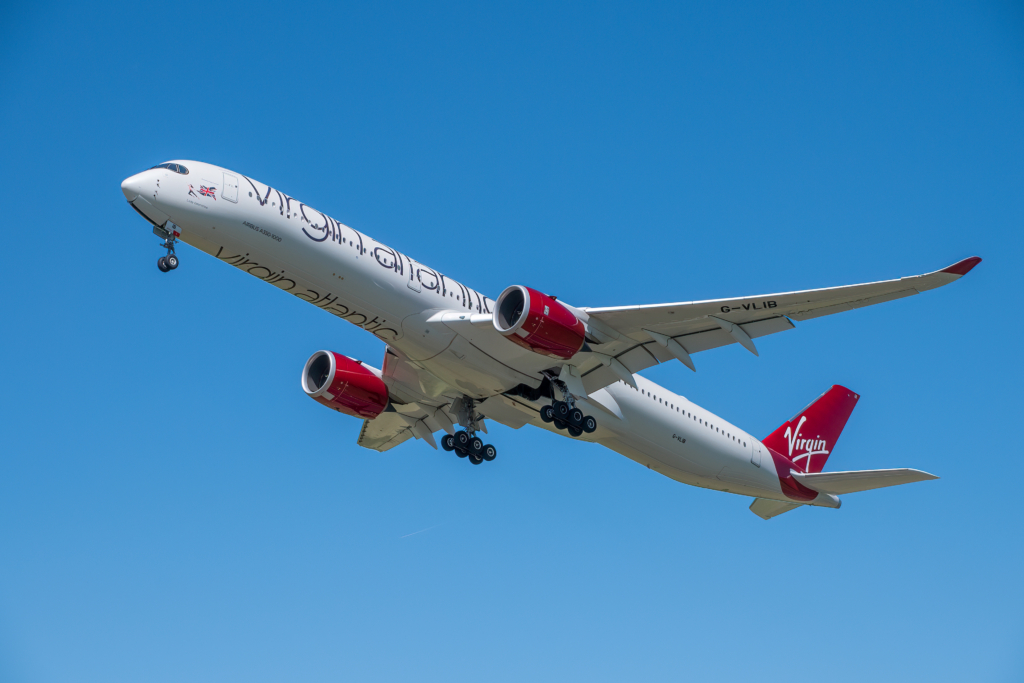 MANCHESTER, UNITED KINGDOM - JULY 10TH, 2022: Virgin Atlantic Airbus A350 departing Manchester Airport
