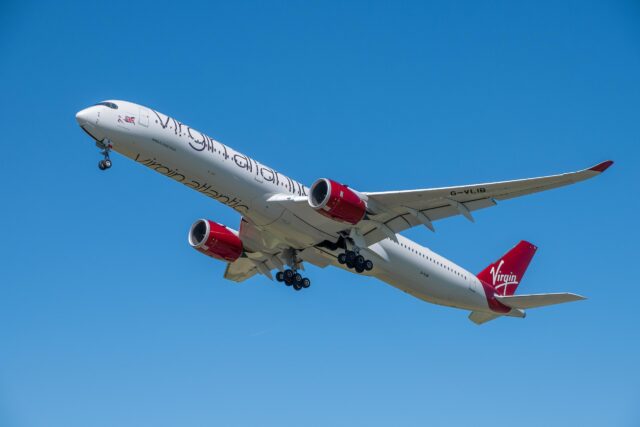MANCHESTER, UNITED KINGDOM - JULY 10TH, 2022: Virgin Atlantic Airbus A350 departing Manchester Airport