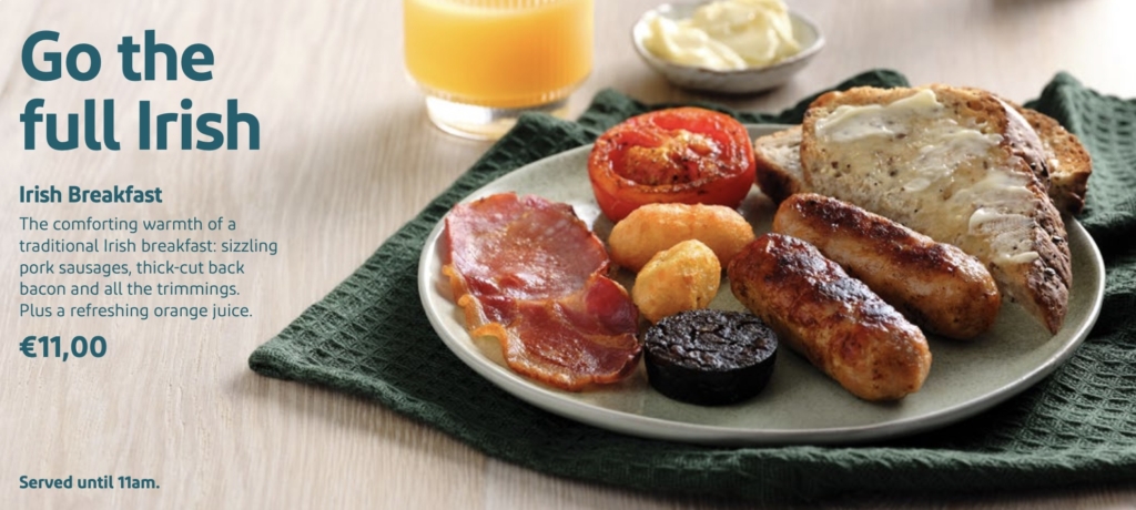 Aer Lingus full Irish breakfast on Bia menu