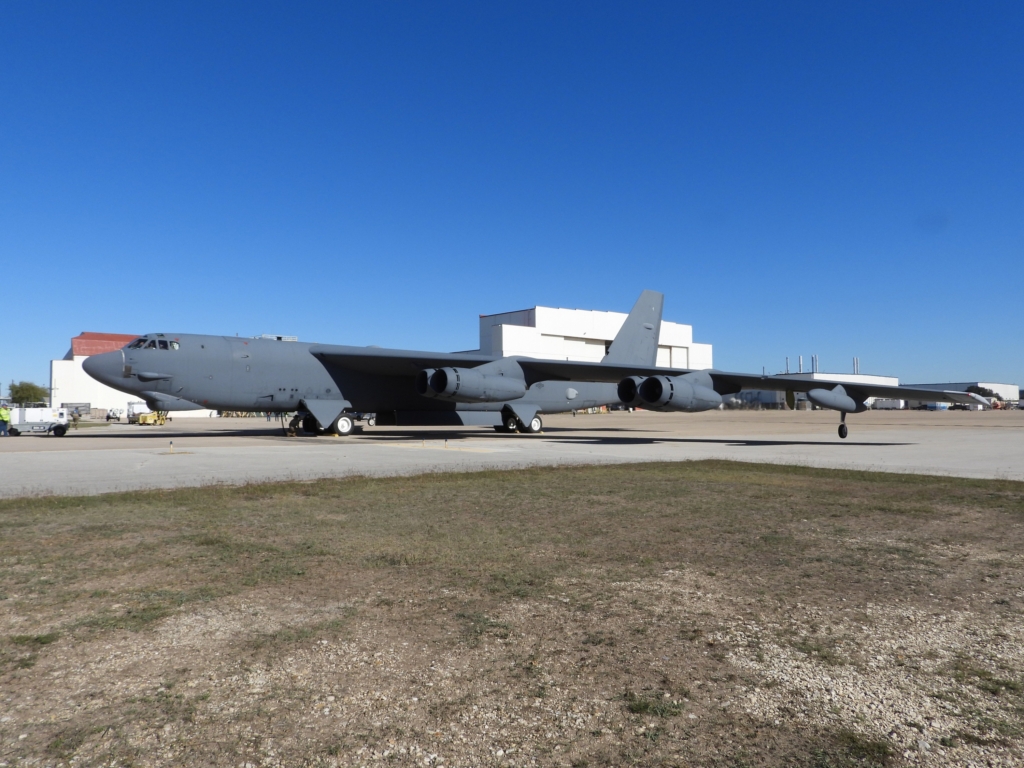 The first B-52H Stratofortress to receive the upgraded AN/APQ-188 AESA radar arrives at Edwards AFB, California, for testing on December 8, 2025