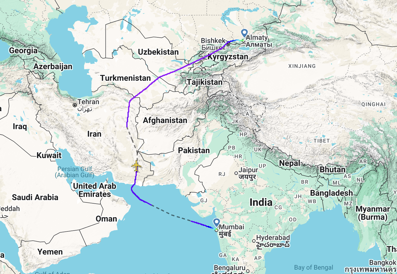 IndiGo usual route to Almaty from Mumbai