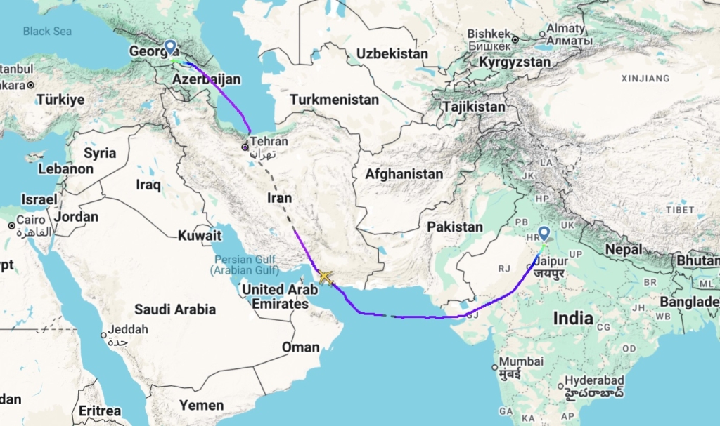 The IndiGo flight route to Tbilisi. 
