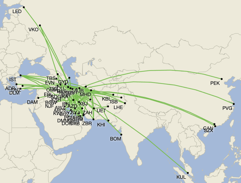 Map of the aviation network from iran in 2026.