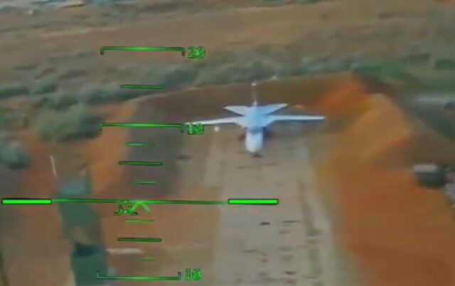 Russian Su-24M Fencer being attacked by Ukrainian drone