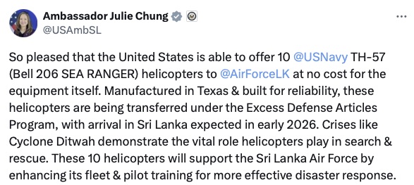 Ambassador Julie Chung speaks about the transfer of TH-57 helicopters to sri lanka