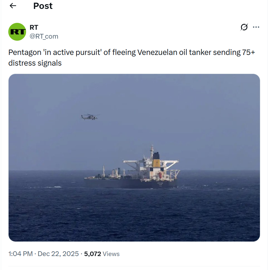 Screenshot of RT reporting on Bella 1 tanker