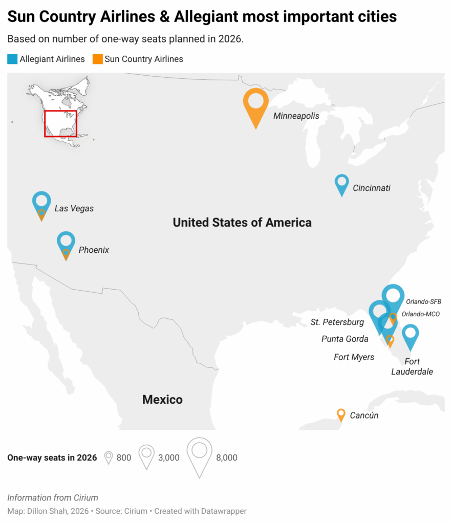 Map showing Allegiant and Sun Country's top gateways. 