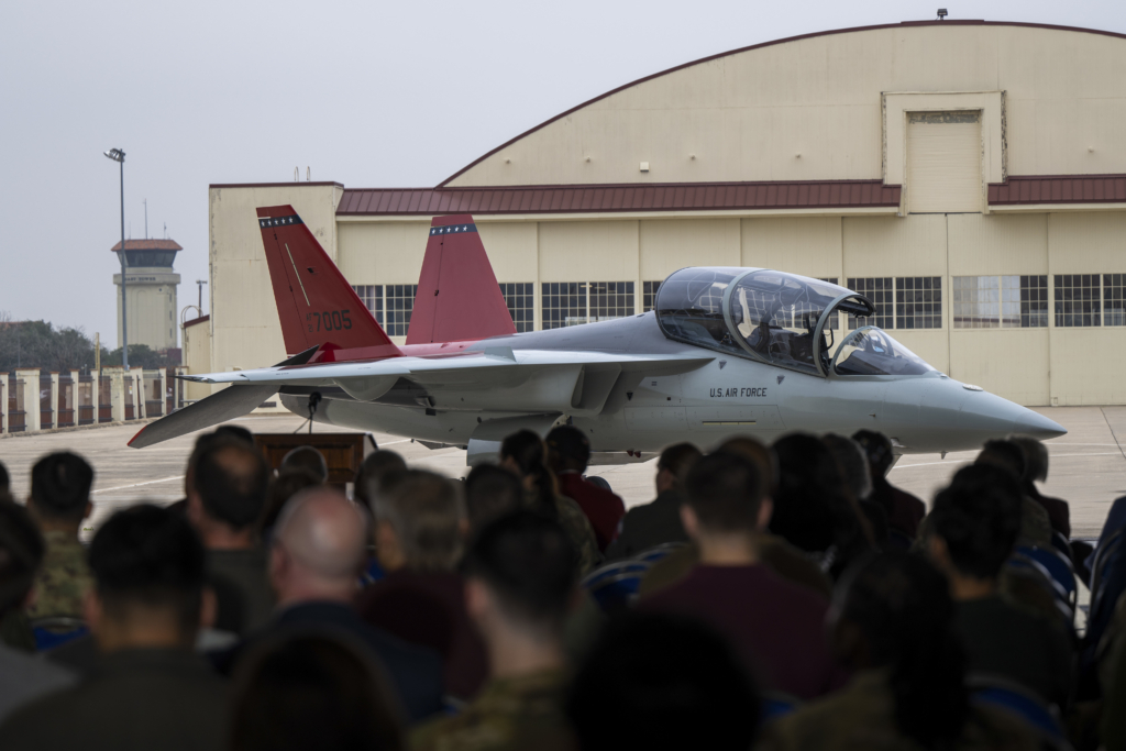 The USAF's first T-7A Red Hawk (21-7005) - now assigned to the 99th FTS - is seen during the platform's arrival ceremony at JBSA-R on 7 January. Image: USAF/Zelideth Rodriguez
