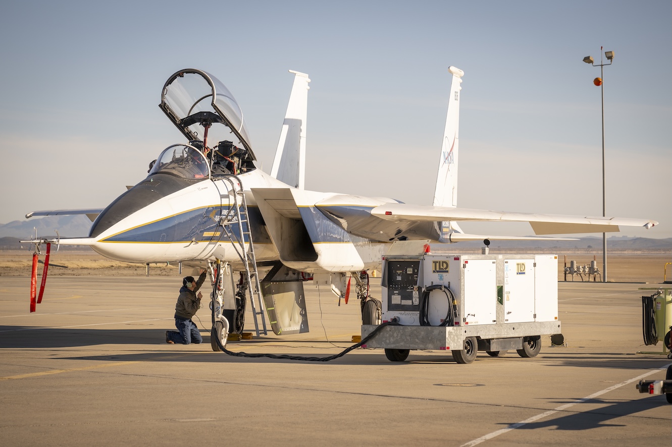 NASA ground crew prepares the agency’s F-15 research aircraft