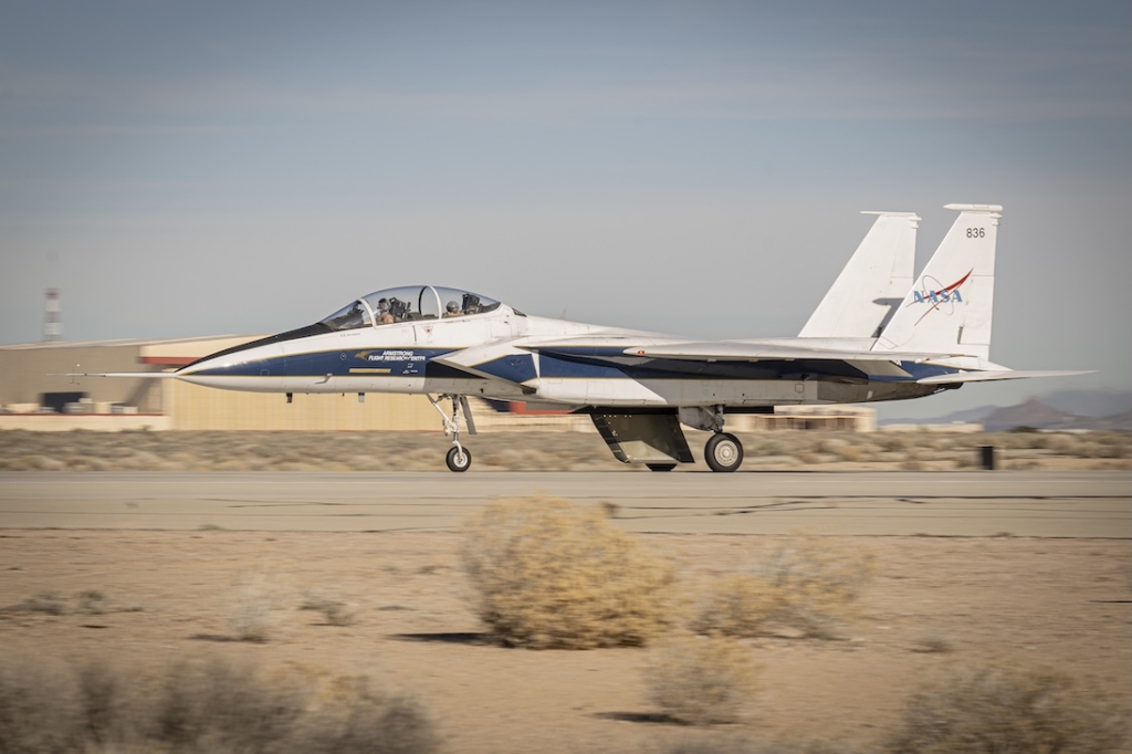 NASA’s F-15 research aircraft, with the 3-foot-tall test article mounted on its underside, reached speeds of approximately 144 mph during testing