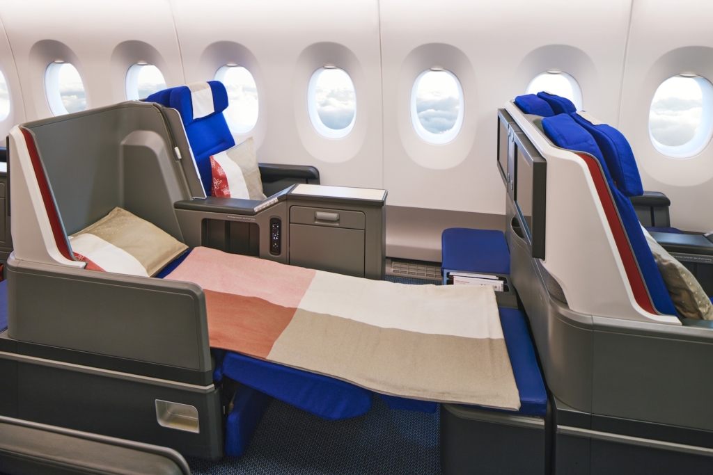 Edelweiss original Airbus A350 business class seat bed extended.