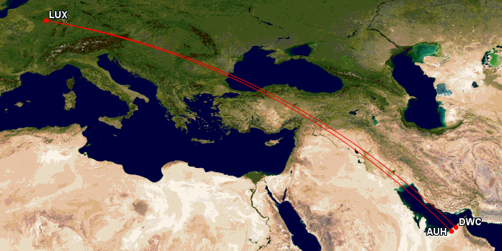Map of the new route to Abu Dhabi from Luxembourg. It also shows the route to Dubai World Central.