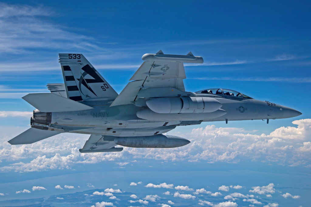 The EA-18G's new AN/ALQ-249 NGJ-MB pods completed their first flight aboard a US Navy-operated Growler in August 2020. US Navy/Erik Hildebrandt