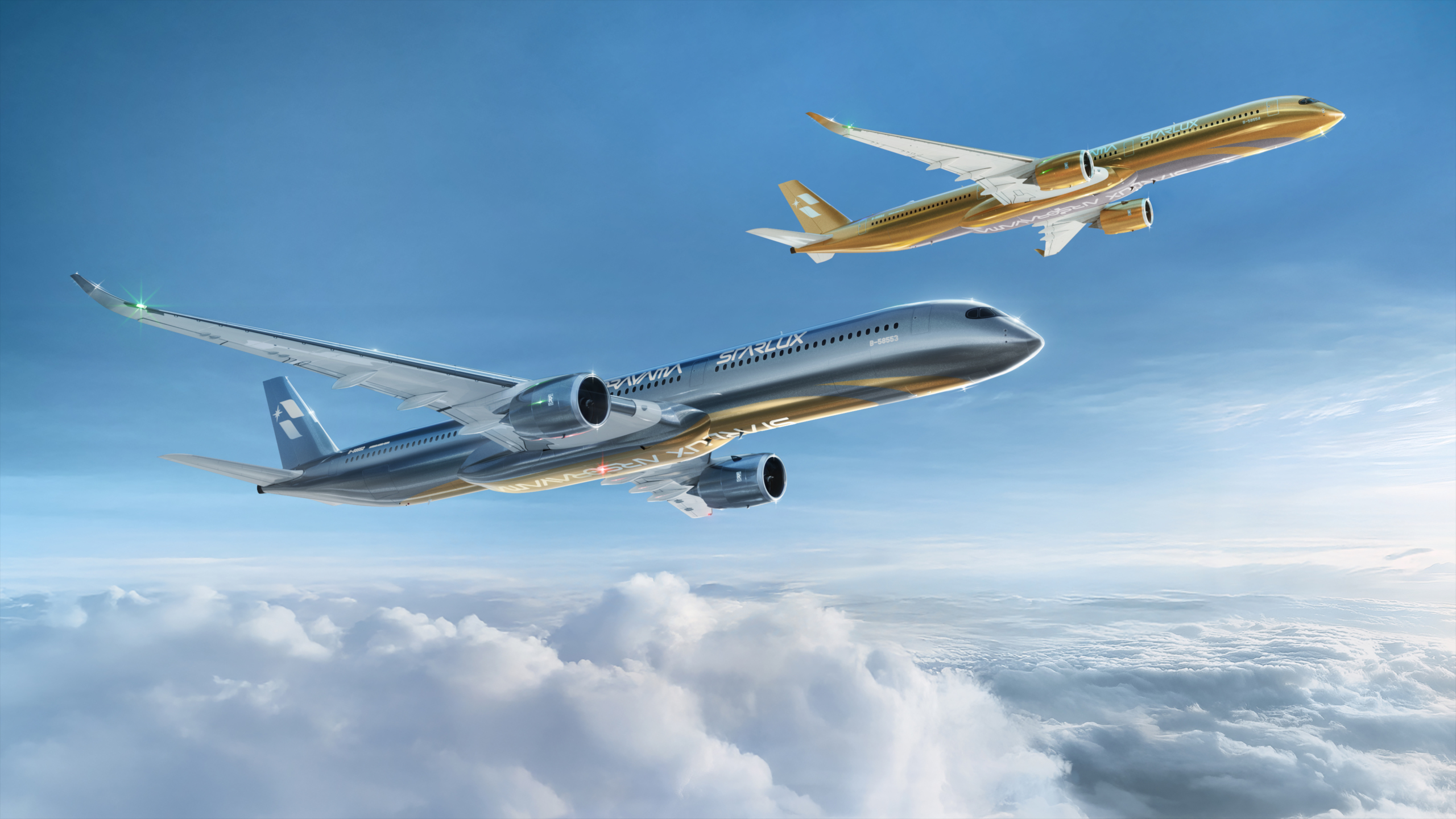 starlux gold and silver airbus a350 aircraft