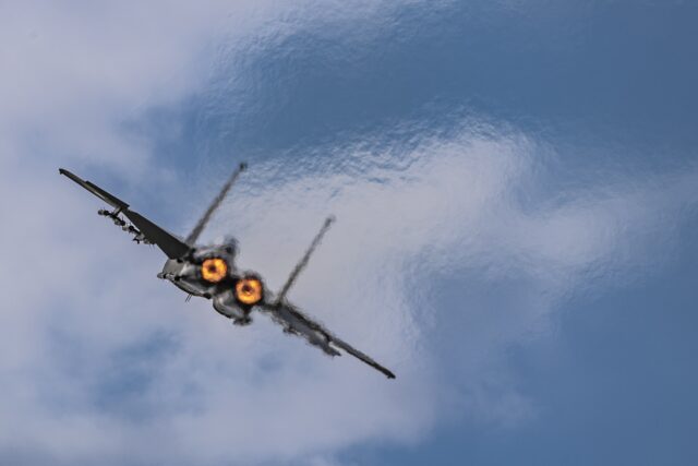 An F-35 flies at Farnborough International Airshow