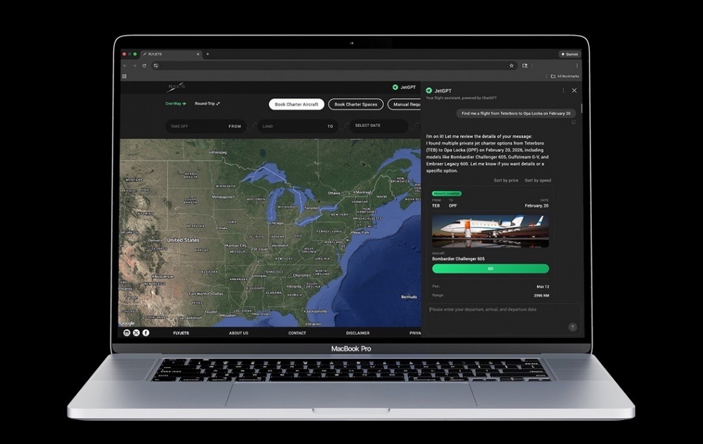 FlyJets JetGPT AI private jet search platform