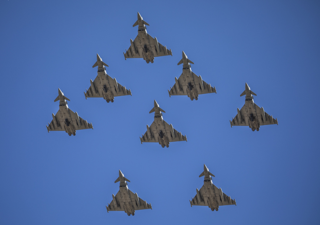 Eight Typhoon FGR4s from the RAF's No 3(F) fly together in formation over RAF Coningsby after returning from a deployment to Romania on 3 August 2022. Image: MOD Crown Copyright/Sgt Paul Oldfield