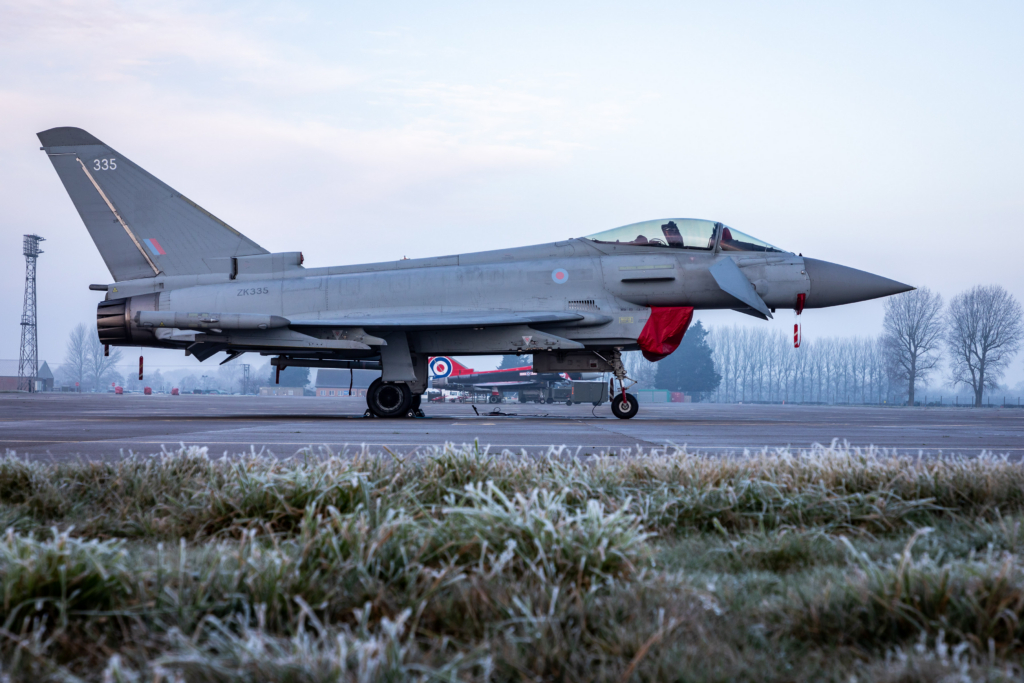 A Typhoon FGR4 from the RAF's No 29 Squadron weathers a cold Lincolnshire morning on the flightline at RAF Coningsby on 13 December 2022. Image: MOD Crown Copyright/AS1 Iwan Lewis