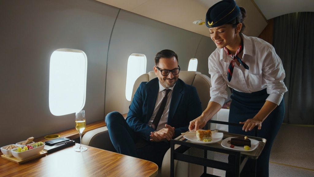 Flight attendant serving elegant desserts to a smiling businessman enjoying luxury service and travel on board an exclusive private jet, highlighting comfort and premium treatment