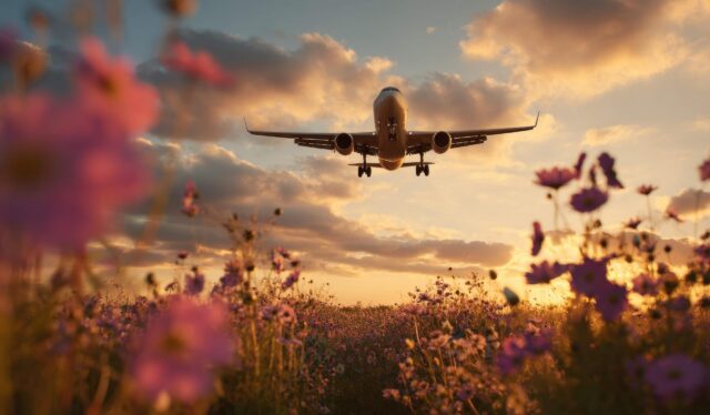 Aircraft over wildflowers and fields to depict sustainable aviation