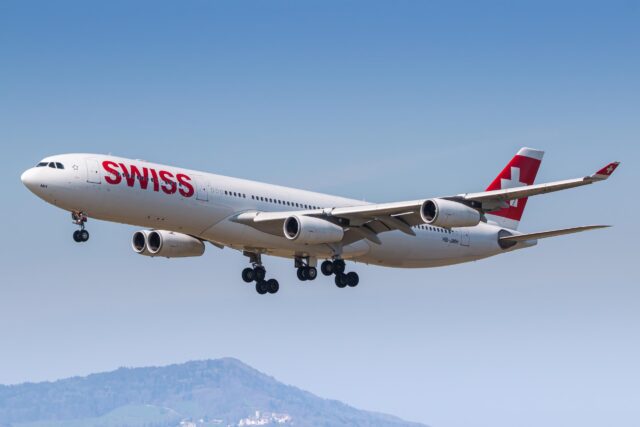 Zurich, Switzerland - April 30, 2018: Swiss International Airlines Airbus A340 airplane at Zurich airport (ZRH) in Switzerland. Airbus is an aircraft manufacturer from Toulouse, France.
