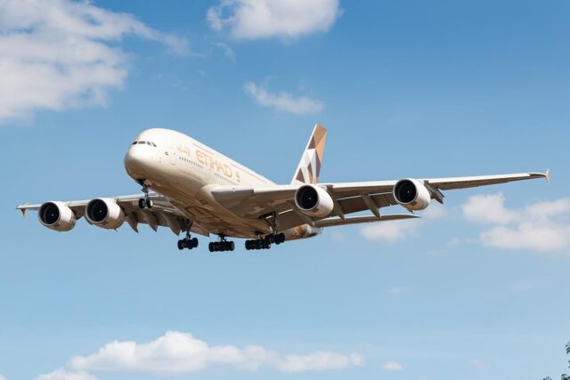 London, United Kingdom - August 1, 2018: Etihad Airways Airbus A380 airplane at London Heathrow airport (LHR) in the United Kingdom. Airbus is an aircraft manufacturer from Toulouse, France.