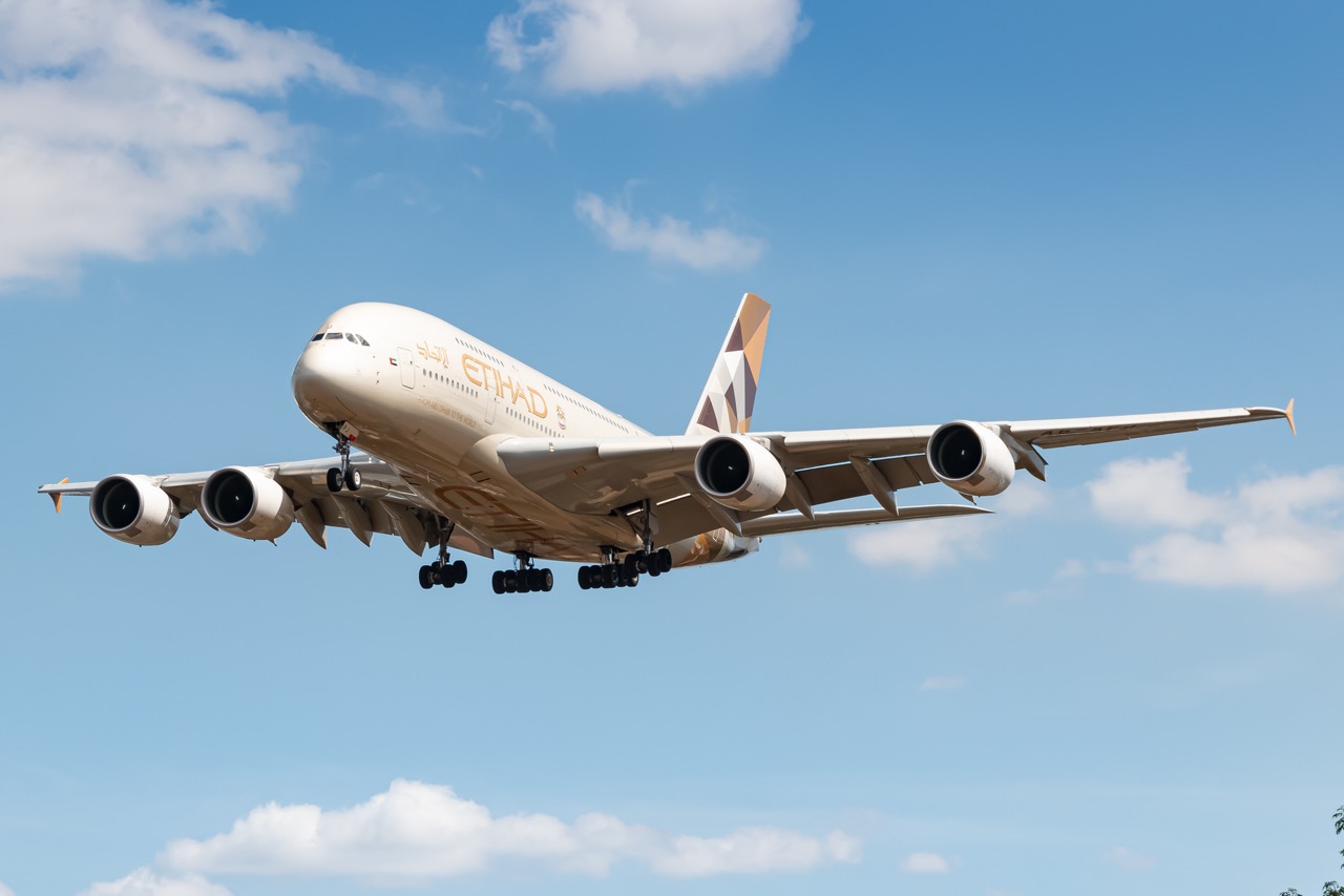 London, United Kingdom - August 1, 2018: Etihad Airways Airbus A380 airplane at London Heathrow airport (LHR) in the United Kingdom. Airbus is an aircraft manufacturer from Toulouse, France.