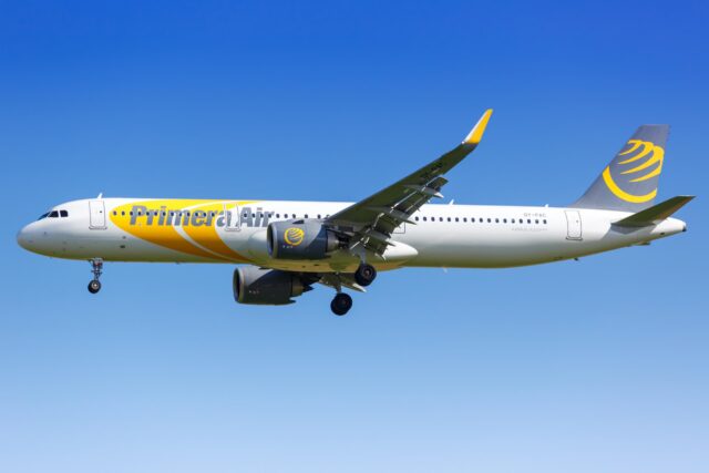 Paris, France - August 17, 2018: Primera Air Airbus A321neo airplane at Paris Charles de Gaulles airport (CDG) in France. Airbus is a European aircraft manufacturer based in Toulouse, France.