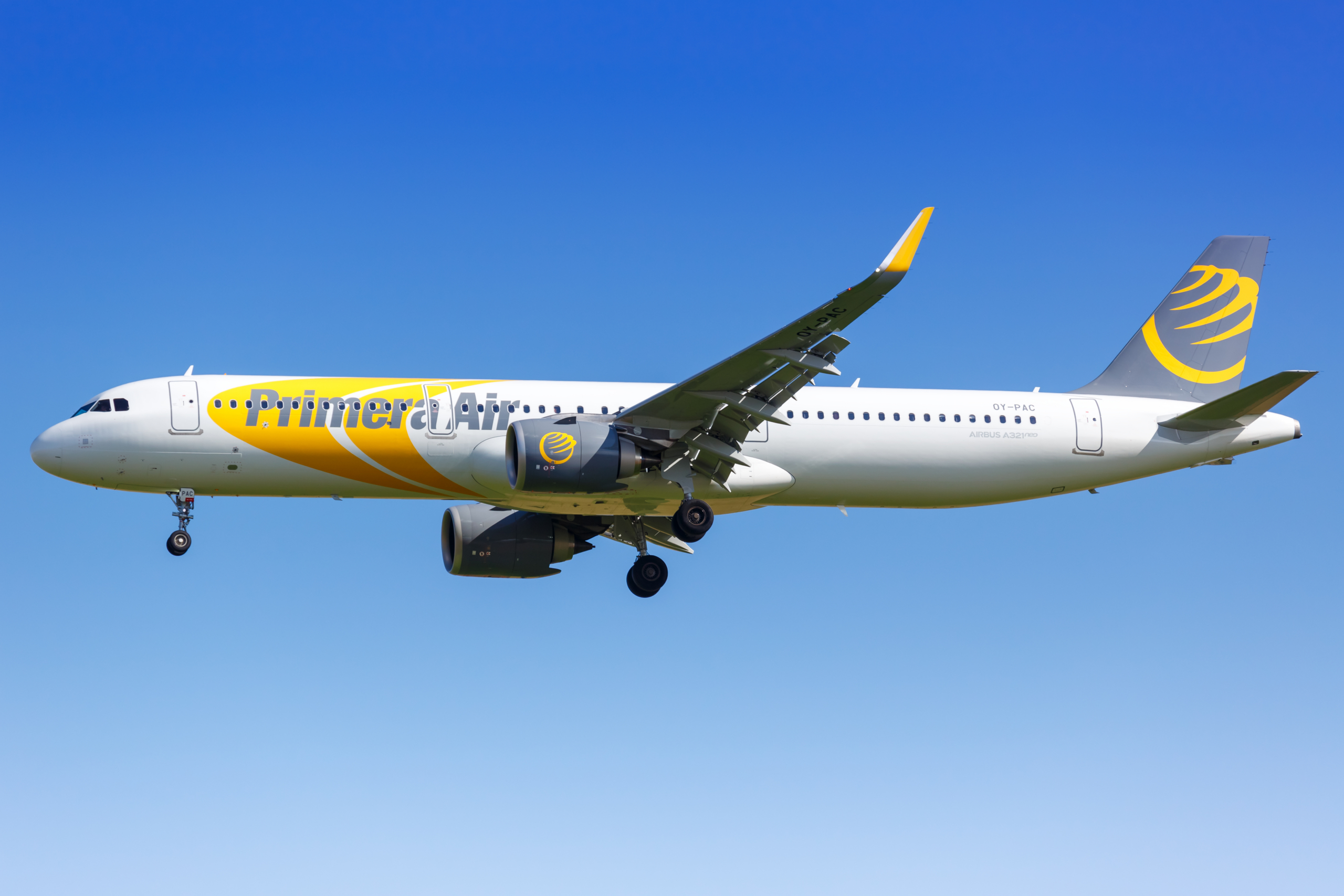 Paris, France - August 17, 2018: Primera Air Airbus A321neo airplane at Paris Charles de Gaulles airport (CDG) in France. Airbus is a European aircraft manufacturer based in Toulouse, France.