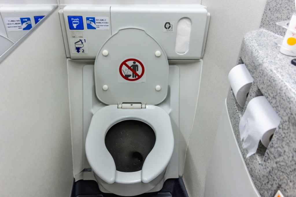 Toilet seat with the lid open at a aircraft lavatory. With a tissue dispenser and flush button above