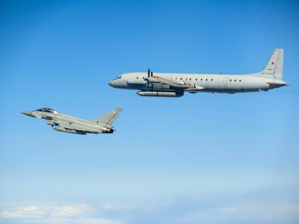 An RAF Typhoon FGR4 intercepts a Russian Il-20M Coot-A surveillance aircraft during a QRA mission on 24 May 2025. The Typhoon is a potent air defence fighter and is responsible for conducting intercept missions both at home and abroad in support of NATO's wider Air Policing initiatives. Image: MOD Crown Copyright