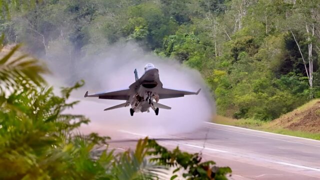 Indonesian Air Force F-16 Fighting Falcon on a highway runway