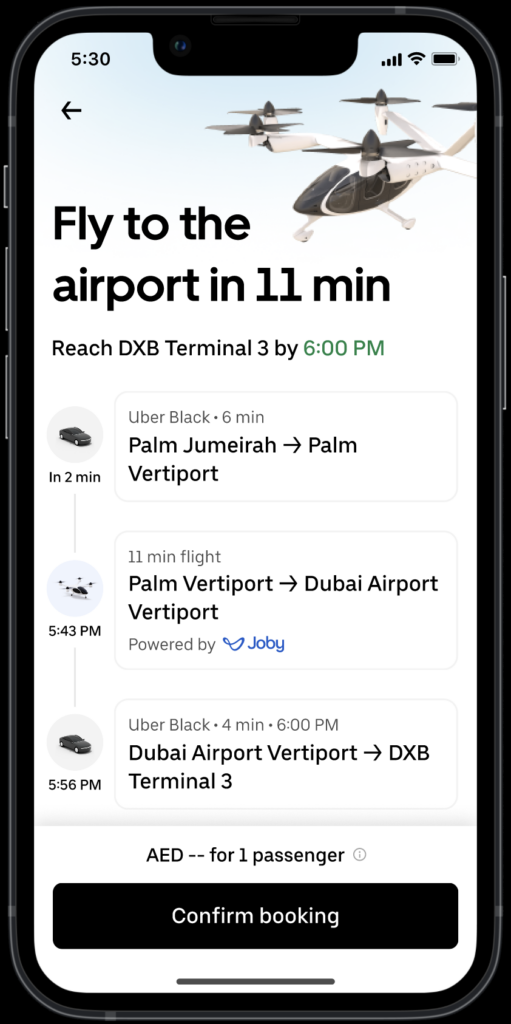 Joby Uber flight itinerary