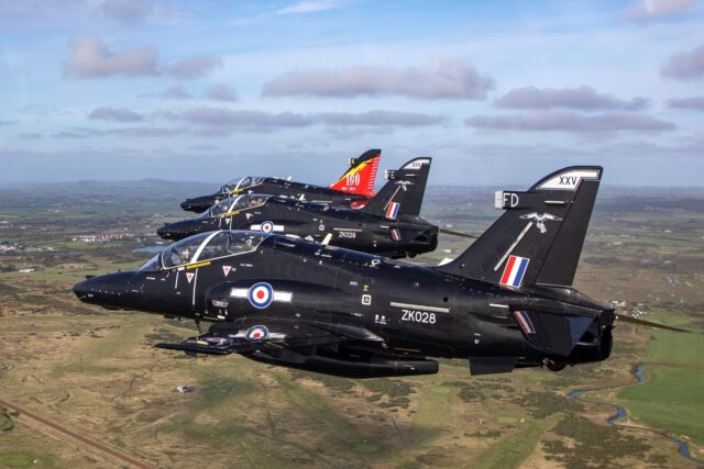 RAF Hawk T2 flying over RAF Valley