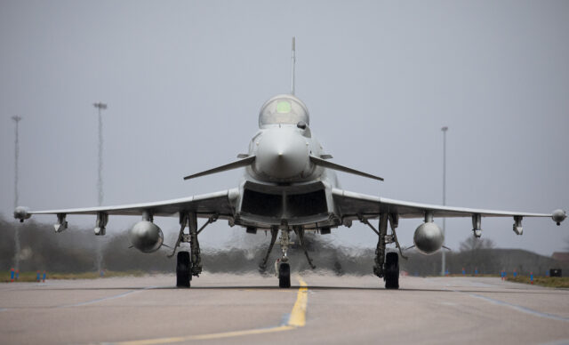 A Typhoon FGR4 from the RAF's No 3(F) Squadron taxis to depart RAF Coningsby in Lincolnshire on 14 February 2022. Image: MOD Crown Copyright/Sgt Paul Oldfield