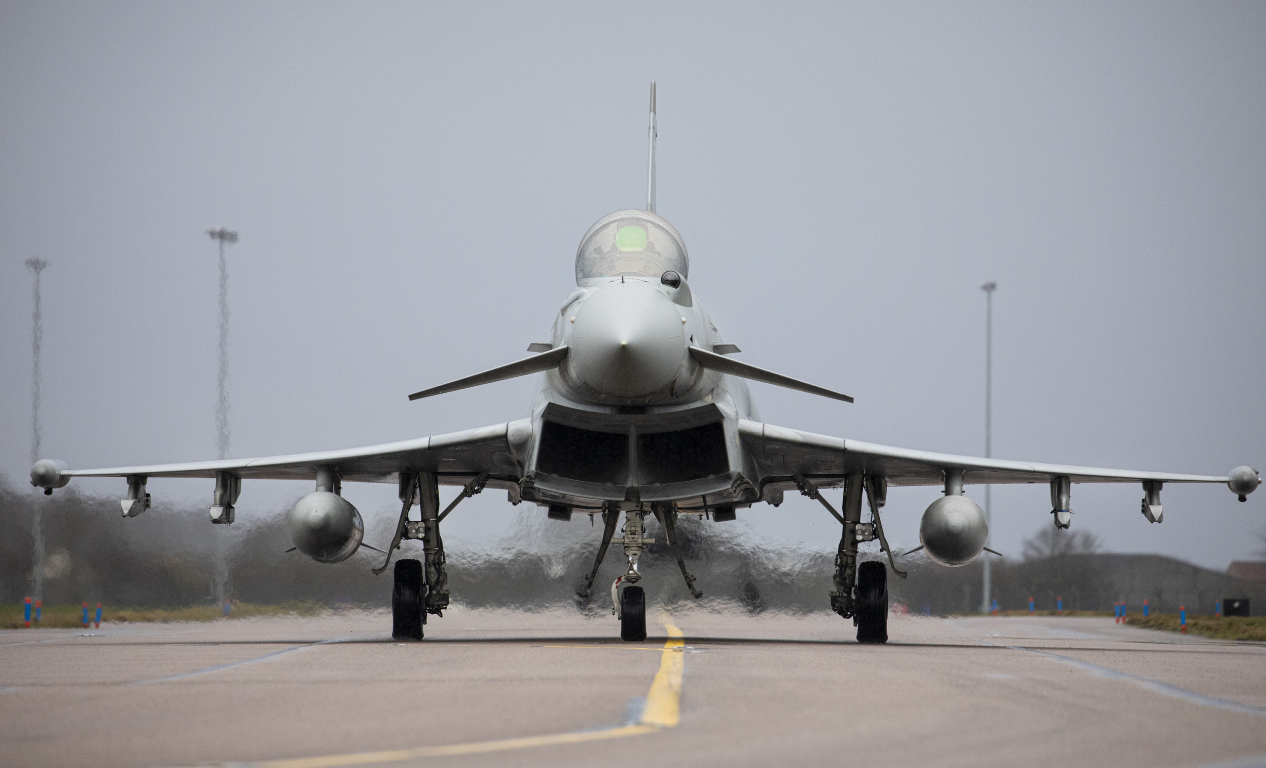 A Typhoon FGR4 from the RAF's No 3(F) Squadron taxis to depart RAF Coningsby in Lincolnshire on 14 February 2022. Image: MOD Crown Copyright/Sgt Paul Oldfield