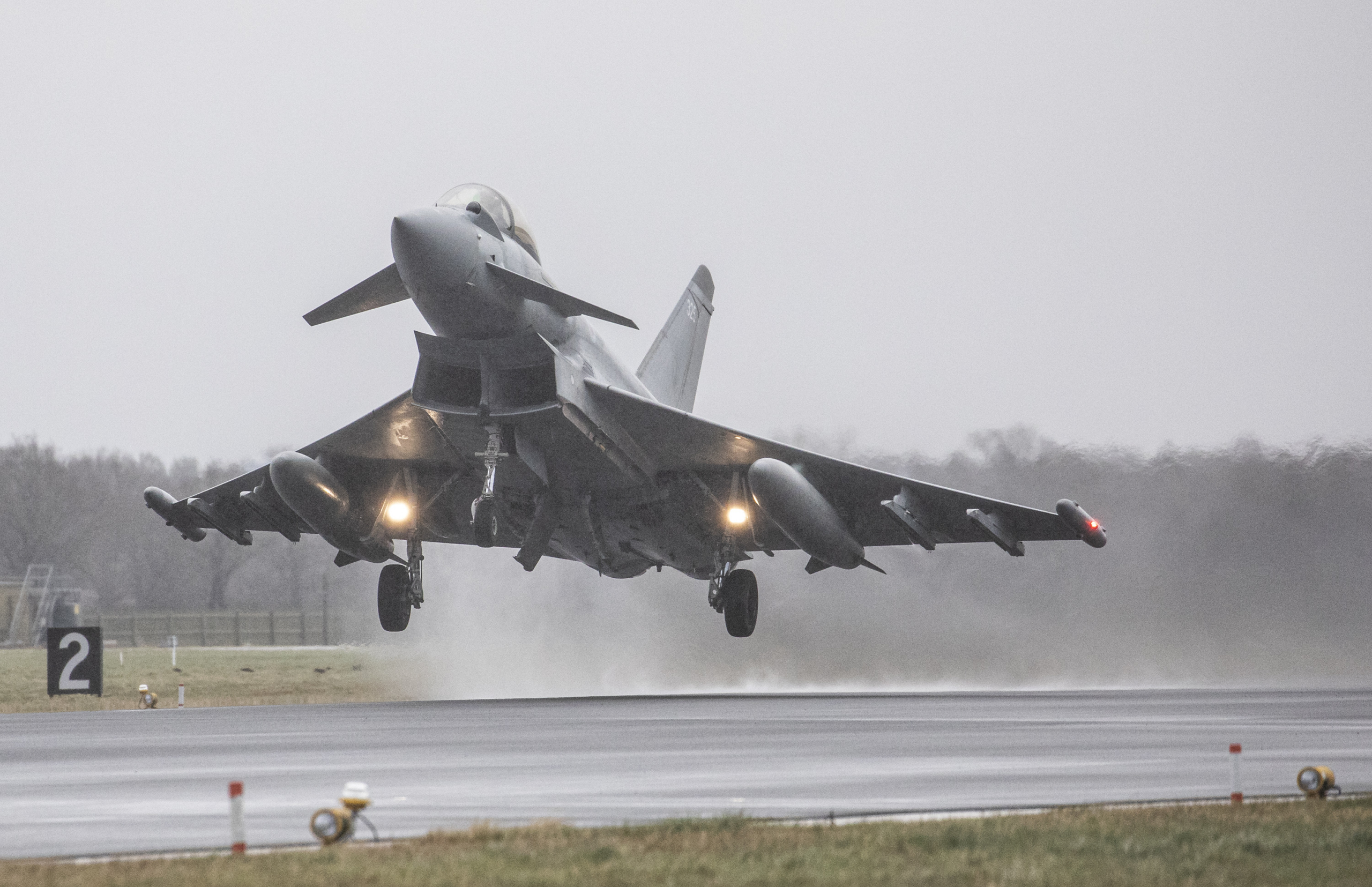 A Typhoon FGR4 from the RAF's No 3(F) Squadron launches into stormy skies over RAF Coningsby on 14 February 2022. Image: MOD Crown Copyright/Sgt Paul Oldfield