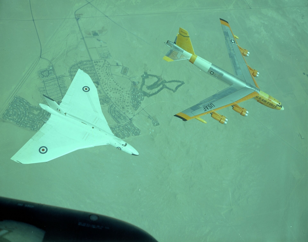 An RAF-operated Vulcan B2 (serial XH535) flies in formation with a USAF B-52 Stratofortress over Edwards AFB, California, on 18 January 1961. Image: US Department of Defense (DOD)