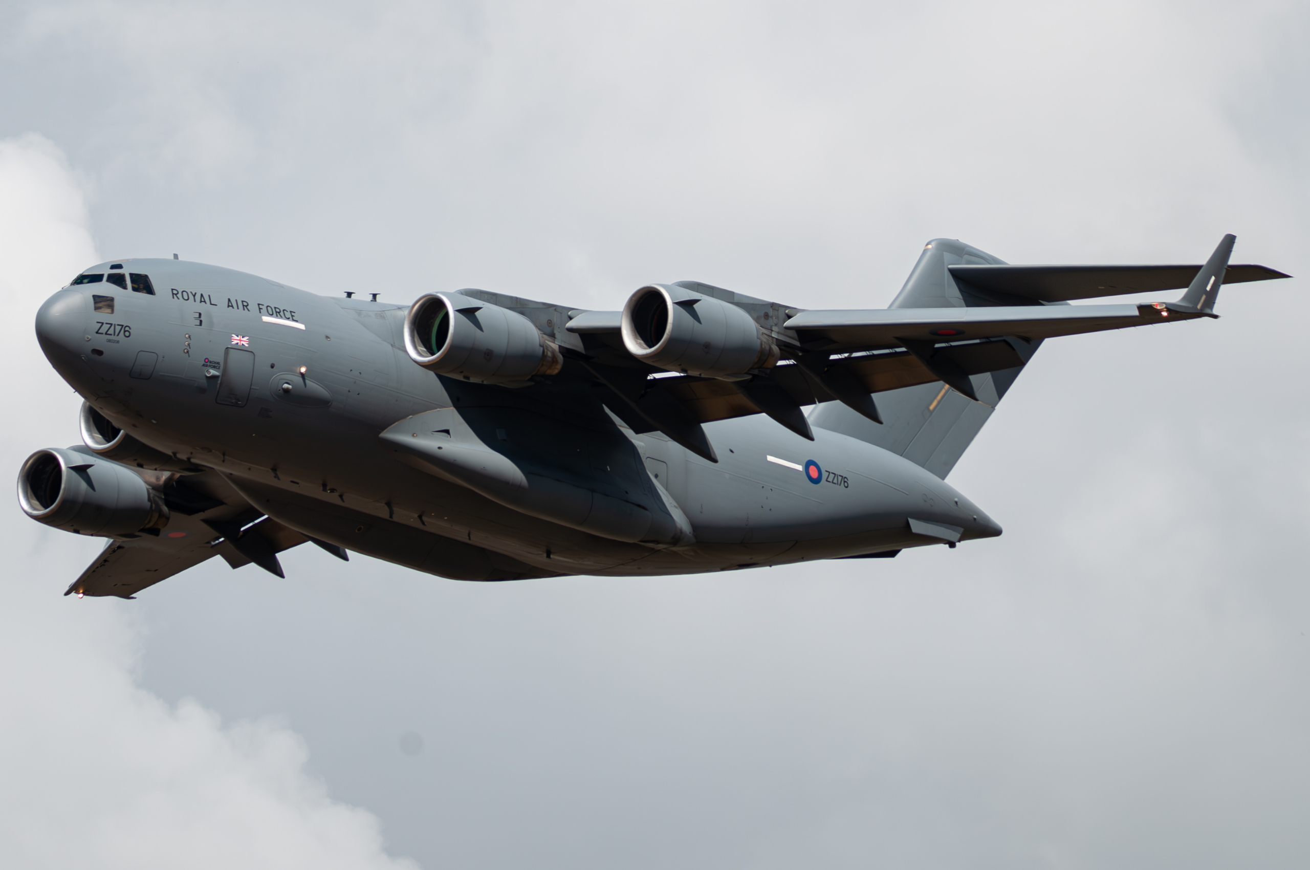 An RAF-operated C-17A Globemaster III (serial ZZ176) from No 99 Squadron conducts a flypast over RAF Fairford on 20 July 2025 as part of the flying display programme for RIAT 2025. Image: Khalem Chapman