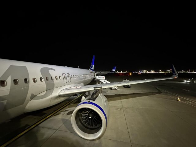 SAS Scandinavian Airlines A320neo at night