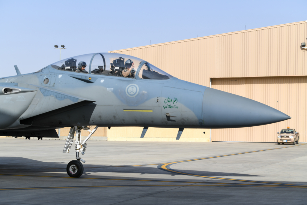 A dual-seat F-15D Eagle operated by the RSAF prepares taxis out before departing King Faisal Air Base in Saudi Arabia on 2 February 2021. Image: USAF/Staff Sgt Katherine Walters