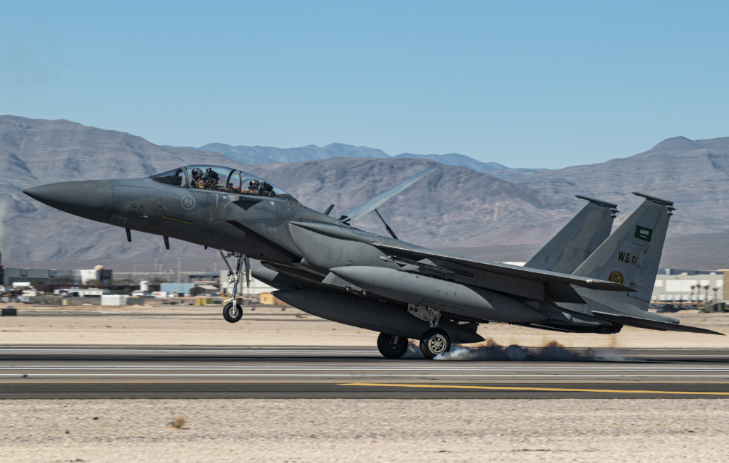 A Saudi-operated F-15SA touches down at Nellis AFB, Nevada, after taking part in a mission during the US-led Exercise Red Flag 22-2 on 1 March 2022. Image: USAF/William R Lewis
