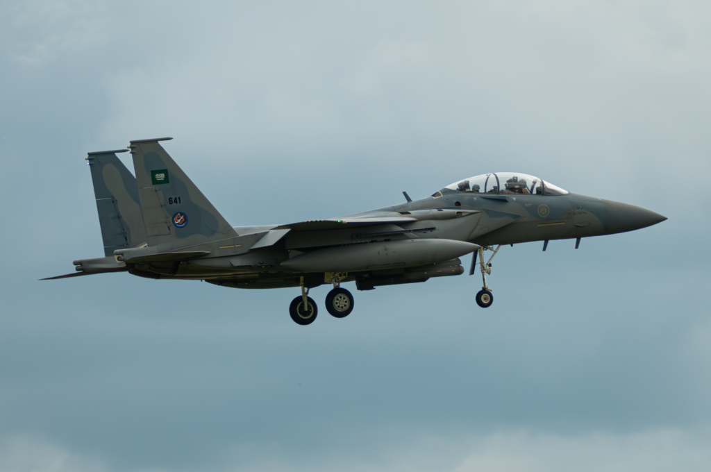 A RSAF-operated F-15SA (serial 641) prepares to land at RAF Fairford in Gloucestershire, UK, ahead of its appearance in the static display line up during RIAT 2024. Image: Khalem Chapman