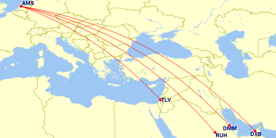 KLM routes to Middle East