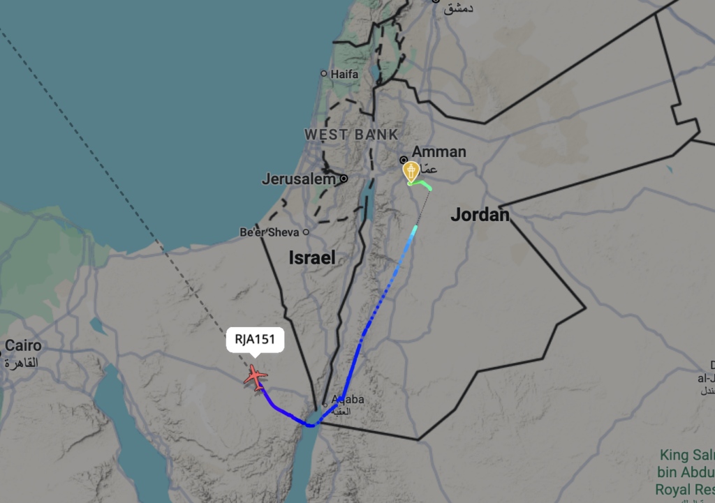 FlightRadar24 map of a Royal Jordanian aircraft avoiding Israeli airspace.