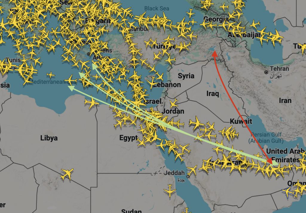 Screenshot of a map showing flight routes between West Asia and Europe/North America.