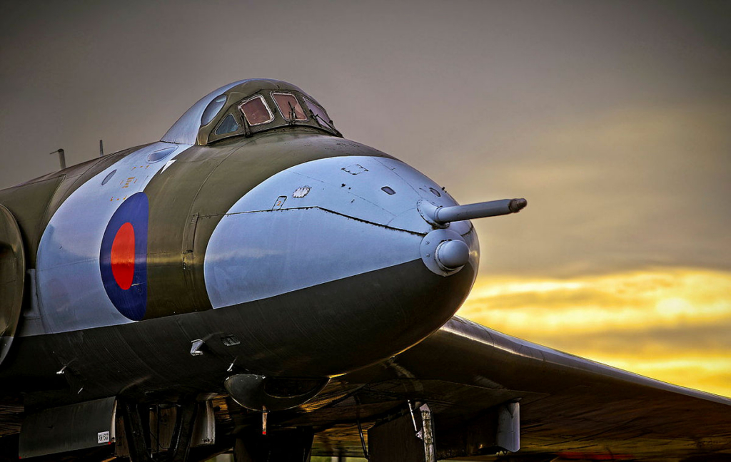 The sun sets behind Avro Vulcan B2 (serial XM607), one of the few Black Buck veterans, which is now the gate guardian at RAF Waddington in Lincolnshire. Image: MOD Crown Copyright/SAC Blake Carruthers