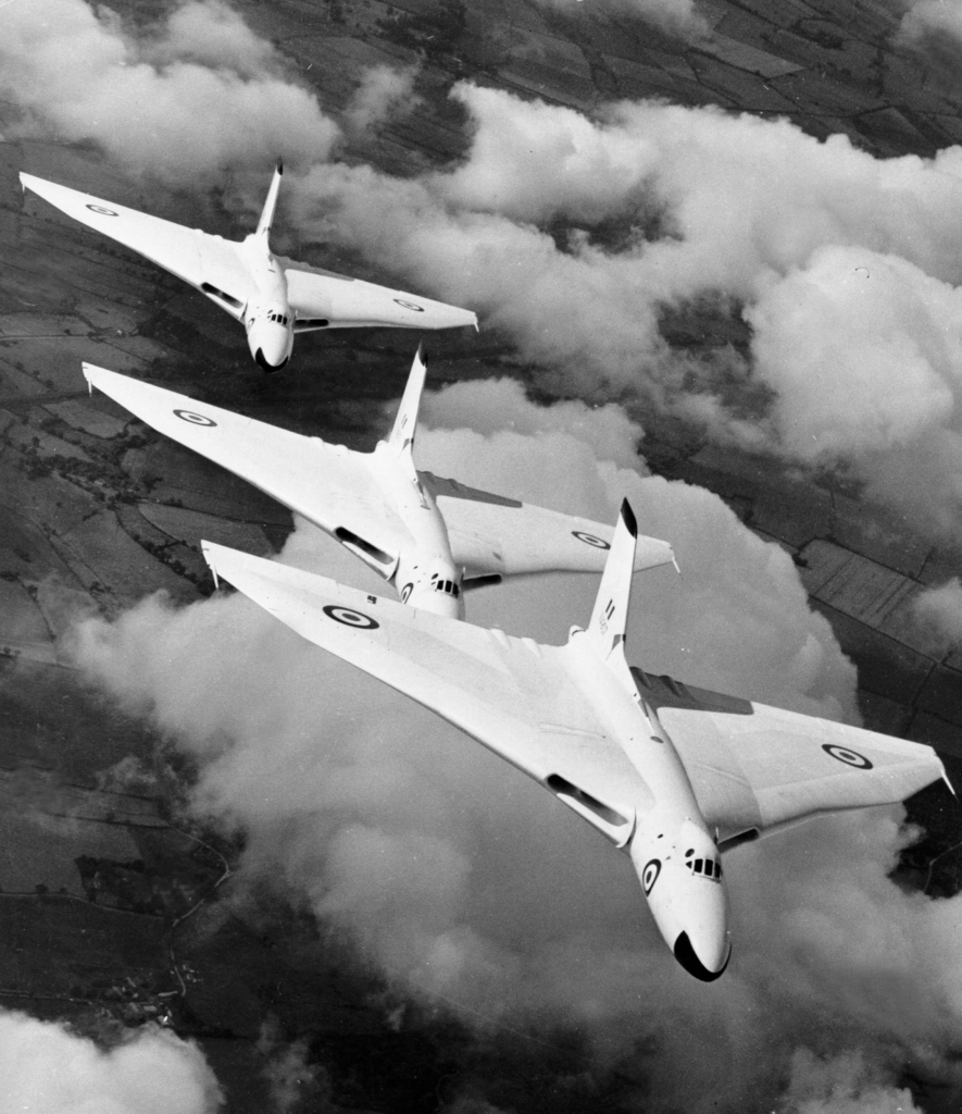 A trio of Vulcan B1As from the RAF's 'Waddington Wing' fly together in formation in 1957. This image highlights the iconic anti-flash white liveries that were sported by nuclear bombers during the Cold War. Image: MOD Crown Copyright/RAF Air Historical Branch